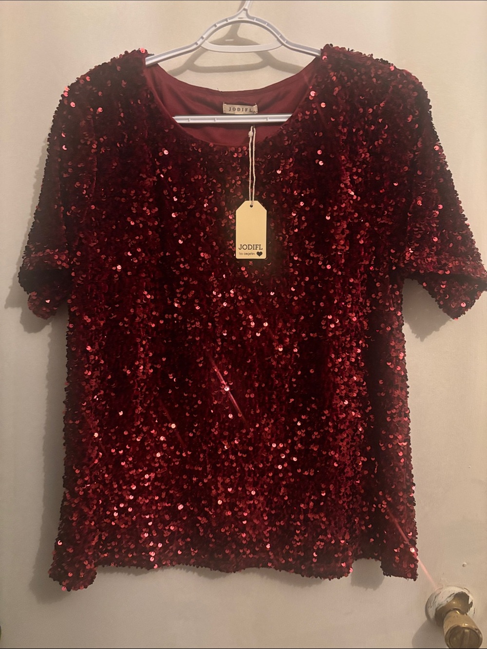 JODIFL Red Sequin Short Sleeve Top